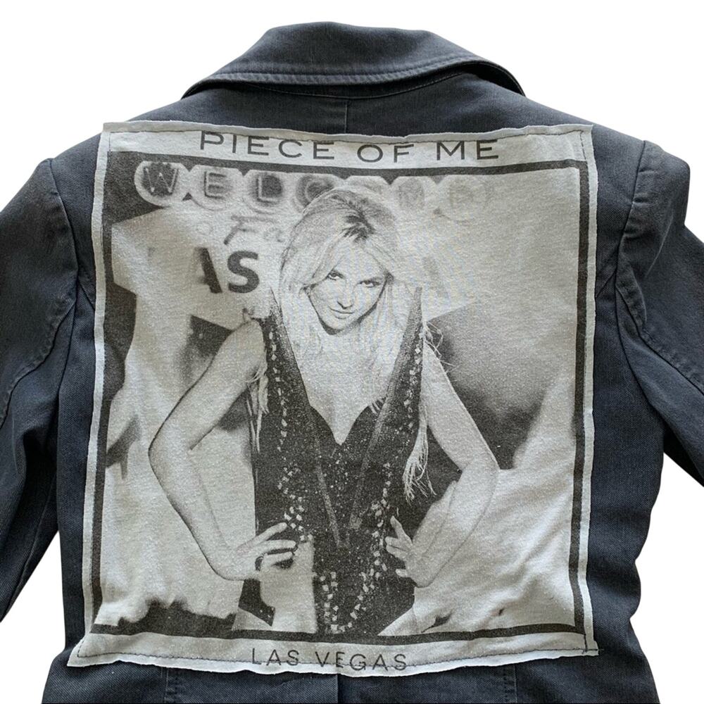Reworked Britney Spears Y2K Graphic Upcycled Denim Blazer Jacket Women's Small - Picture 7 of 8